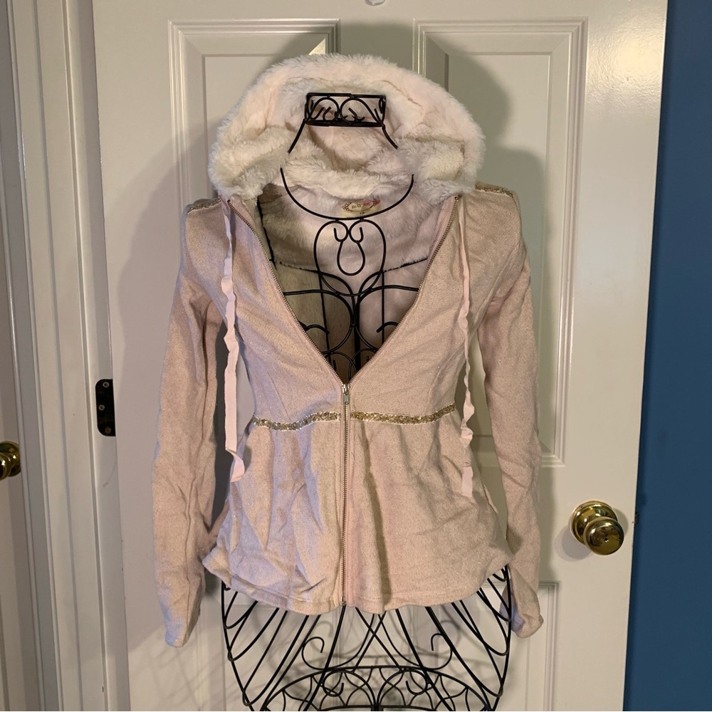 Joyfolie gold sparkle fluffy hooded pleated zipper jacket